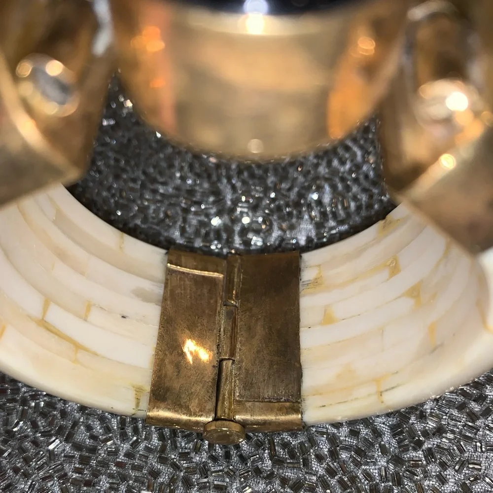 Vintage luxury Ivory Bone Black Agate Stone hinged pin bangle bracelet